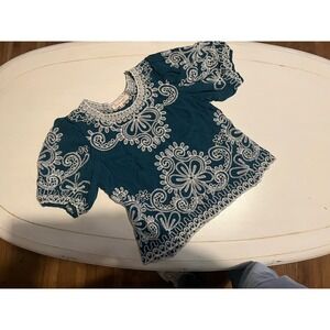 Boho Teal Embroidered Blouse Women M Floral Peasant Hippie Top Festival